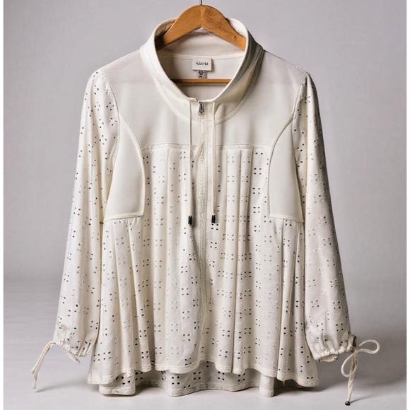 Cupio Sweaters - Cupio Full Zip Sweater Lrg White Eyelet Cowl Neck Drawstring Swing Shape Tunic